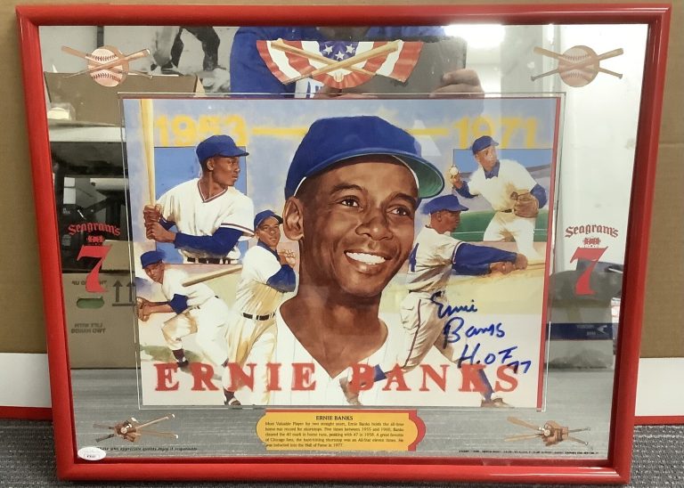 Ernie Banks Signed Seagrams 7 Vintage 1996 Baseball Bar Mirror HOF Cubs JSA