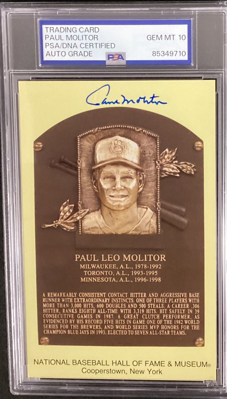 Paul Molitor Signed Gold HOF Plaque Postcard Yellow Brewers PSA/DNA Auto 10
