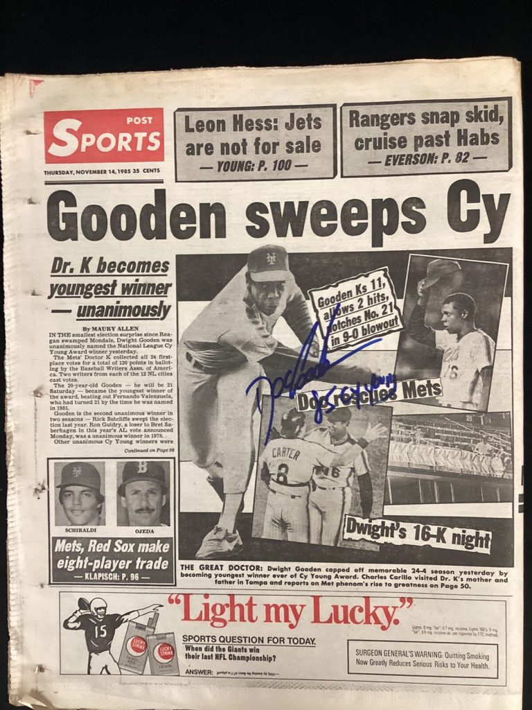 Doc Gooden Signed Post Newspaper 11/14/1985 Baseball Mets Cy Young Autograph JSA