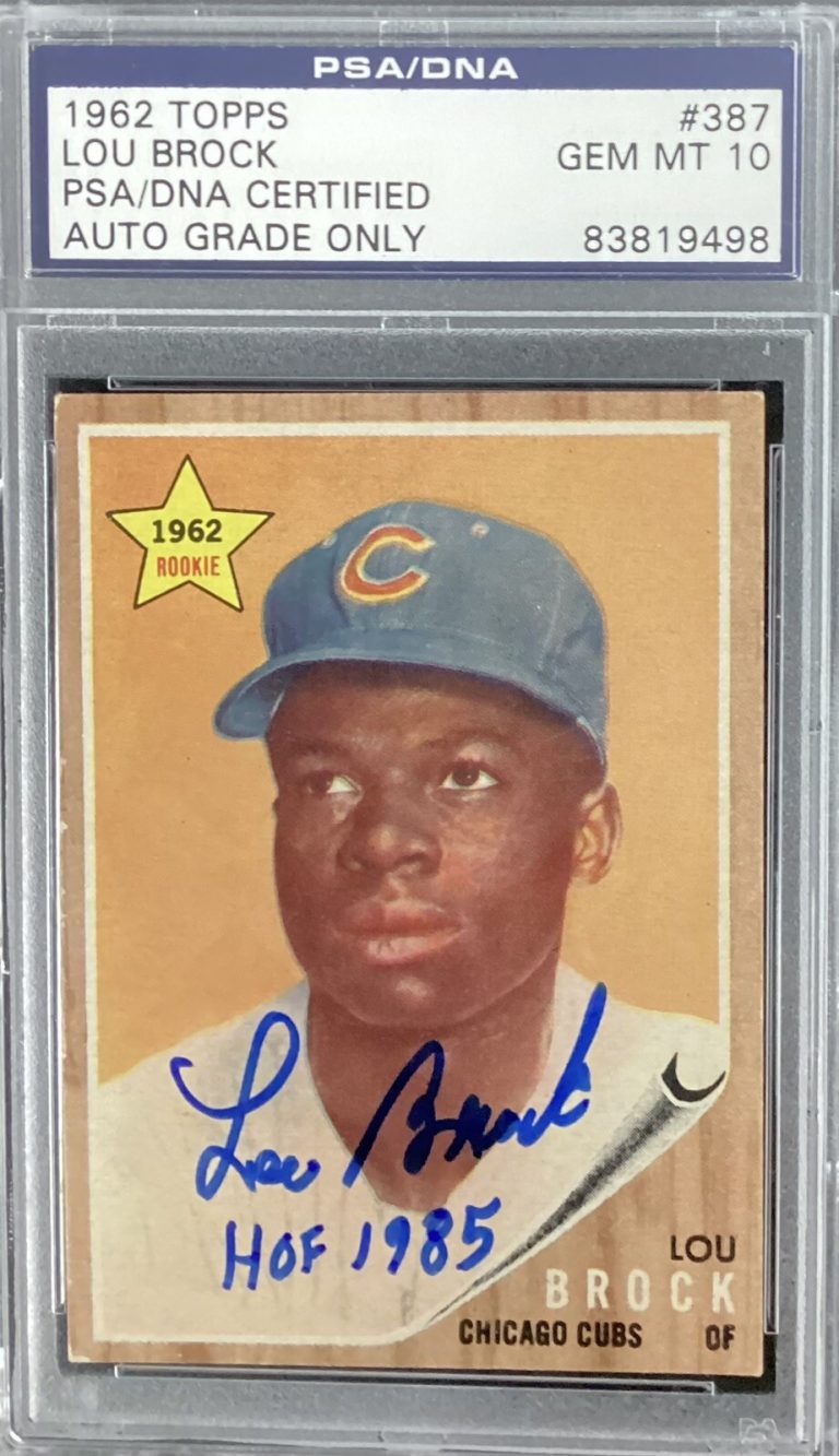 Lou Brock Signed 1962 Topps #387 Rookie Card Cubs Autograph HOF PSA/DNA Gem 10