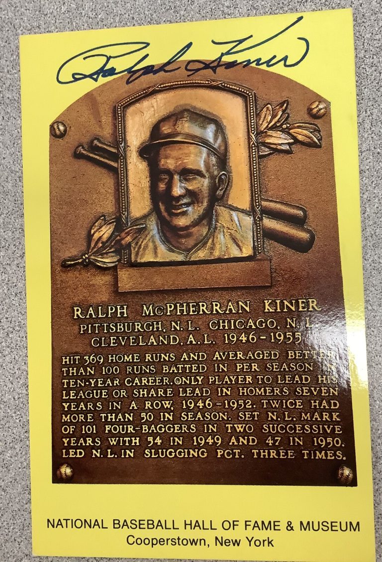Ralph Kiner Signed Gold HOF Plaque Postcard Yellow Autograph Pirates Cubs JSA