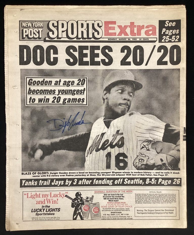 Dwight Doc Gooden Signed NY Post Newspaper 8/26/85 Mets Auto 20/20 Season JSA
