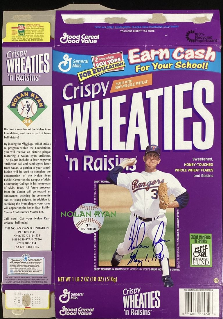Nolan Ryan Signed Wheaties Cereal Box Baseball Auto No Hit Inscrip Rangers JSA