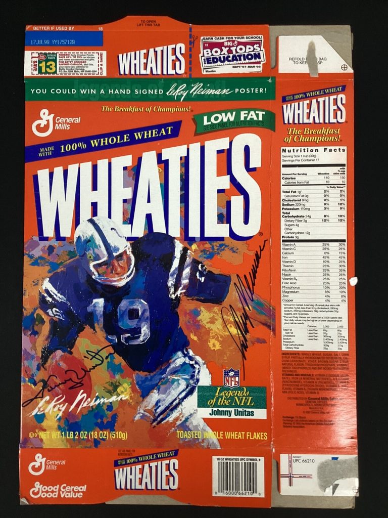 Johnny Unitas Signed Cereal Box Wheaties Football Auto w LeRoy Neiman Sig JSA