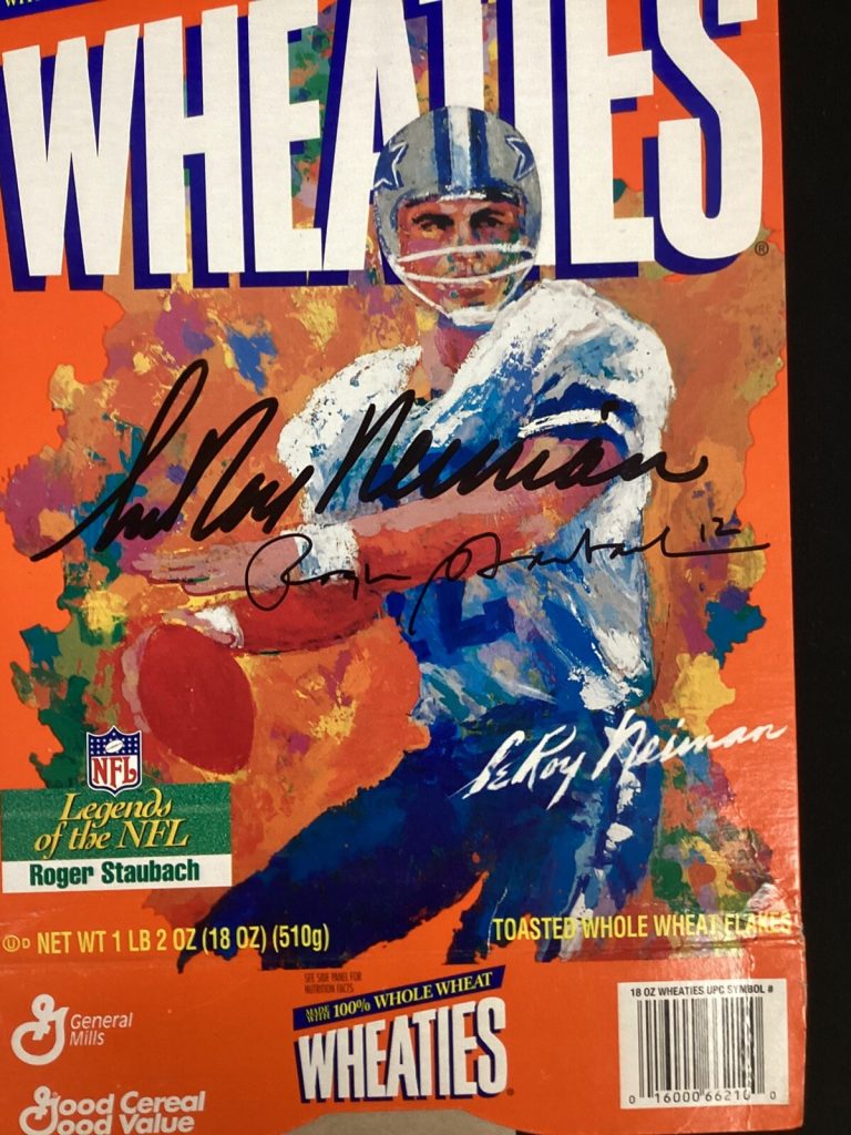 Roger Staubach Signed Cereal Box Wheaties Football Auto w LeRoy Neiman Sig JSA
