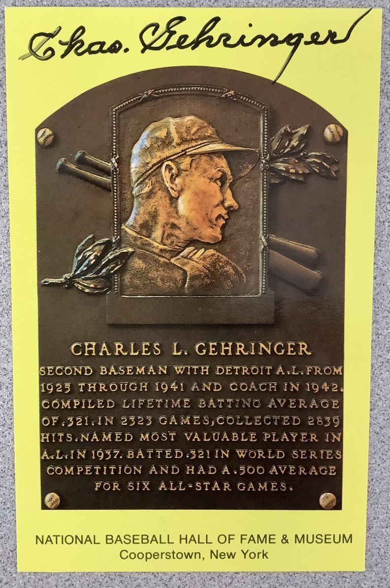 Charlie Gehringer Signed Gold HOF Plaque Postcard Yellow Tigers Autograph JSA
