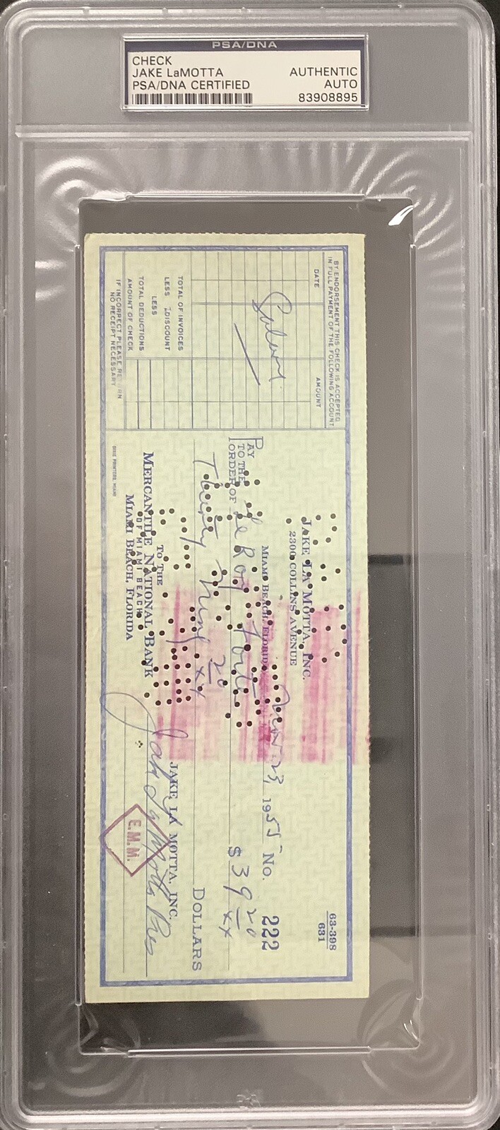 Jake LaMotta Signed Check Dated 1955 Raging Bull Boxing Two Autographs PSA/DNA