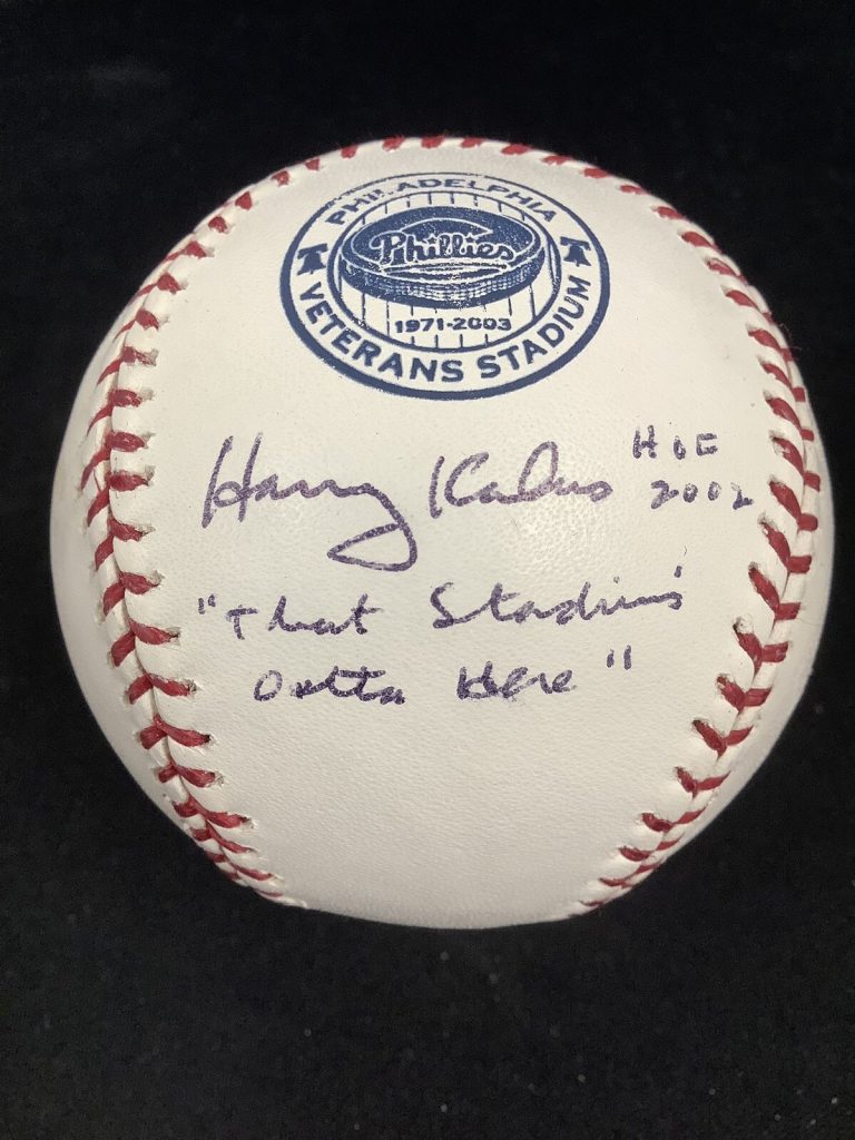 Harry Kalas Signed 2003 Veterans Stadium Baseball HOF 2002 Inscrip MLB PSA/DNA