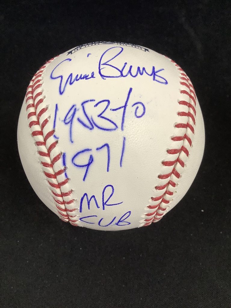 Ernie Banks Signed Wrigley Field 100 Anniversary Baseball Stats Inscrip PSA/DNA