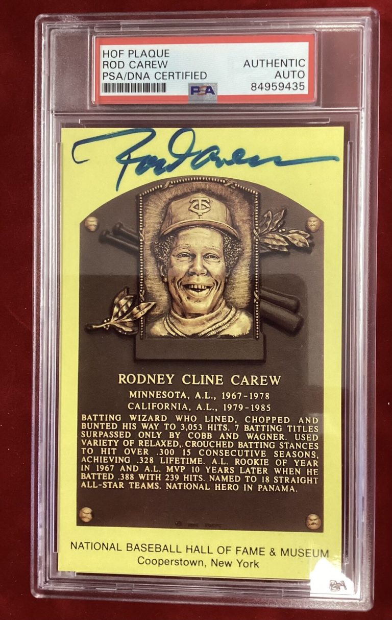 Rod Carew Signed Gold HOF Plaque Postcard Yellow Twins Angels Autograph PSA/DNA