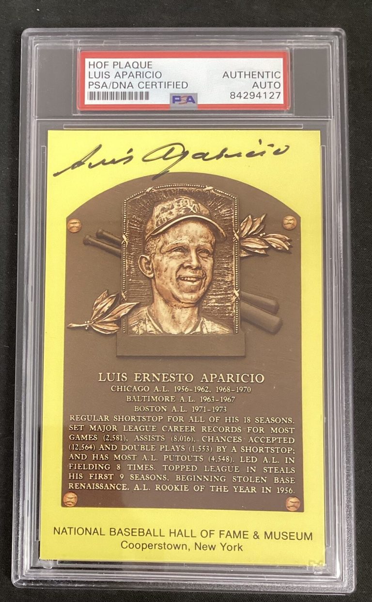 Luis Aparicio Signed Gold Plaque HOF Postcard Yellow Orioles Autograph PSA/DNA 3