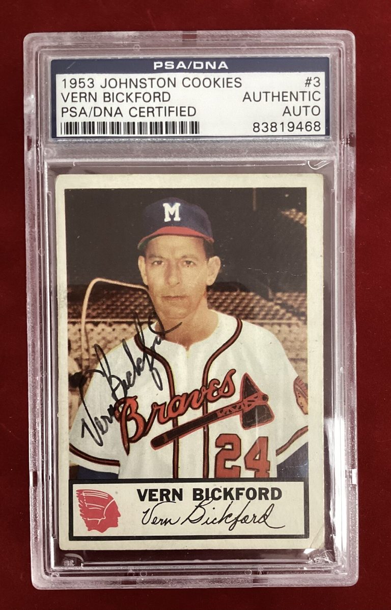 Vern Bickford Signed 1953 Johnston Cookies #3 Baseball Card Autograph PSA/DNA