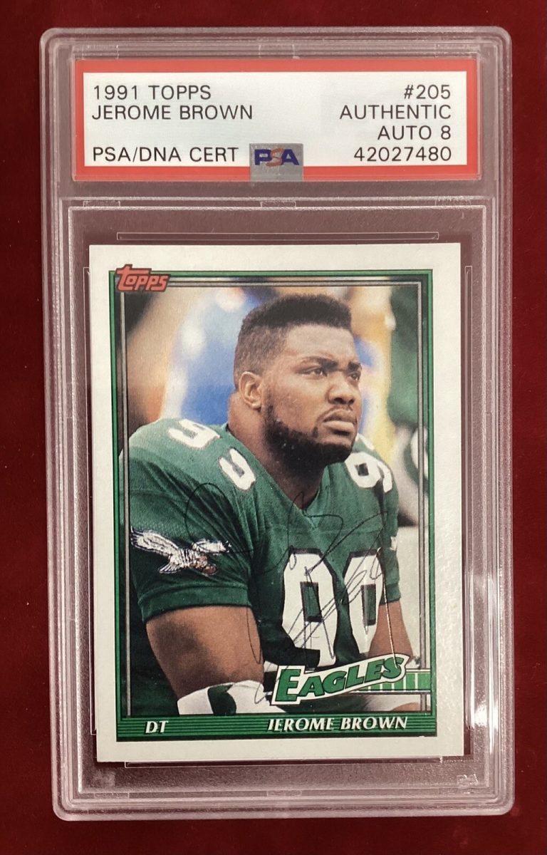 Jerome Brown Signed 1991 Topps #205 Football Card  Eagles Autograph PSA/DNA 8
