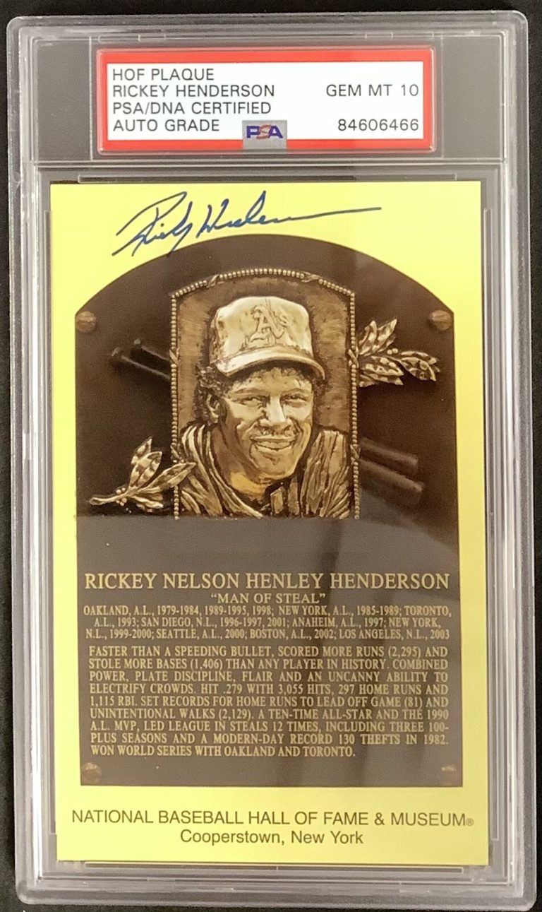 Rickey Henderson Signed Gold HOF Plaque Postcard Yellow NYY PSA/DNA Auto Mint 10