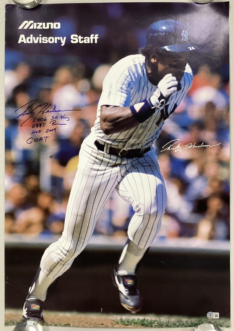 Rickey Henderson Signed Poster 19x28 Mizuo Ad NY Yankees STATS Autograph HOF BAS