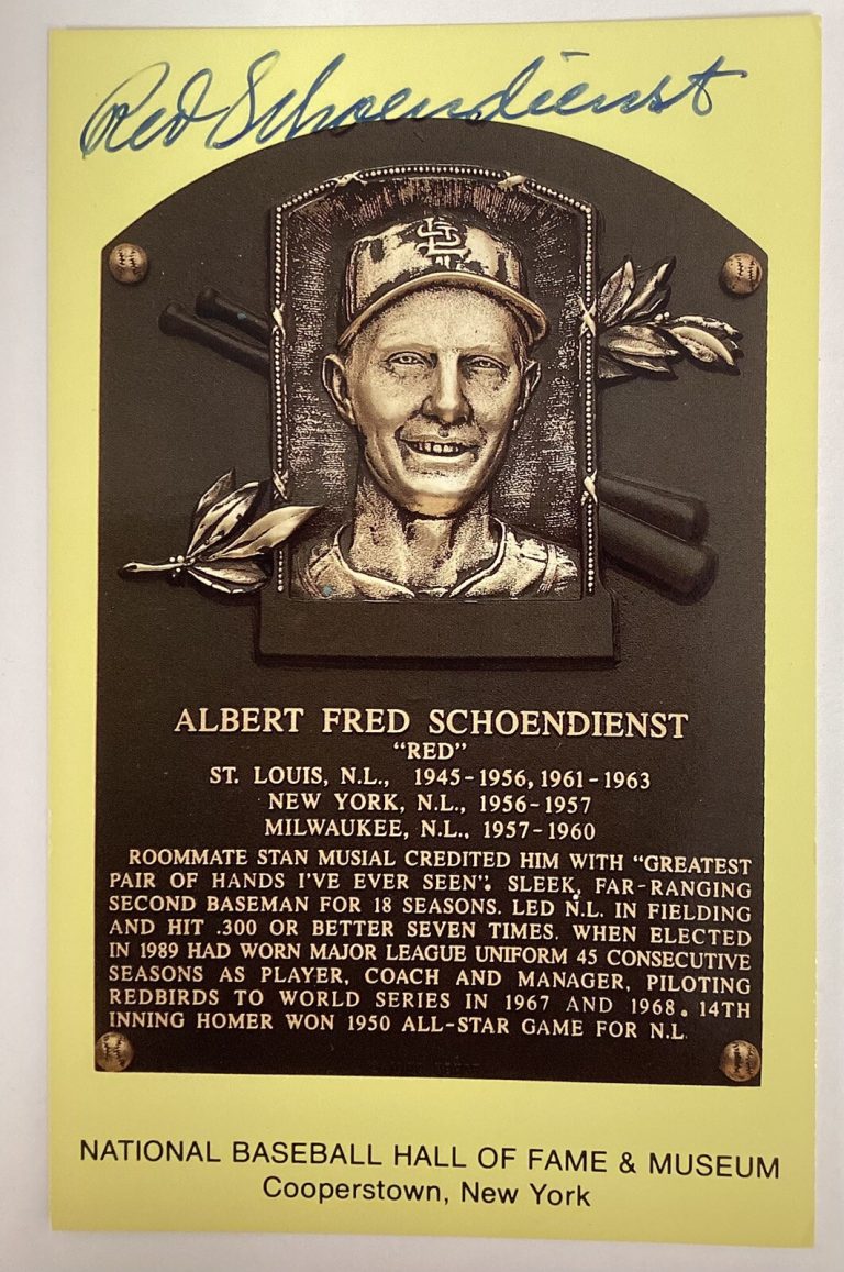 Red Schoendienst Signed Gold HOF Plaque Postcard Yellow Cardinals Autograph TPG