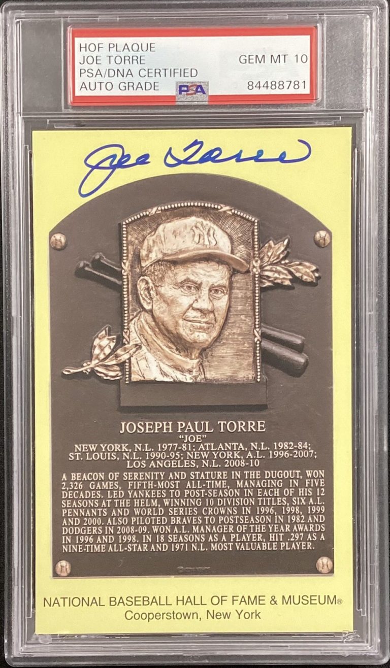 Joe Torre Signed Gold HOF Plaque Postcard Yellow Yankees PSA/DNA Auto GEM MT 10
