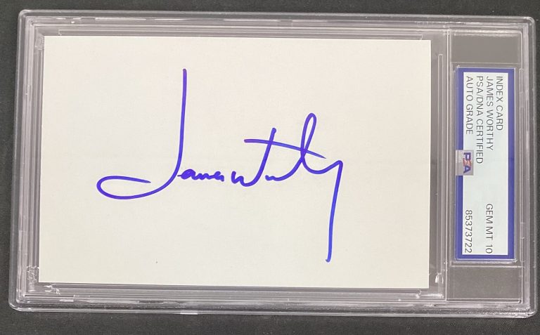James Worthy Signed Index Card NBA Basketball Lakers HOF Autograph PSA/DNA Gm 10