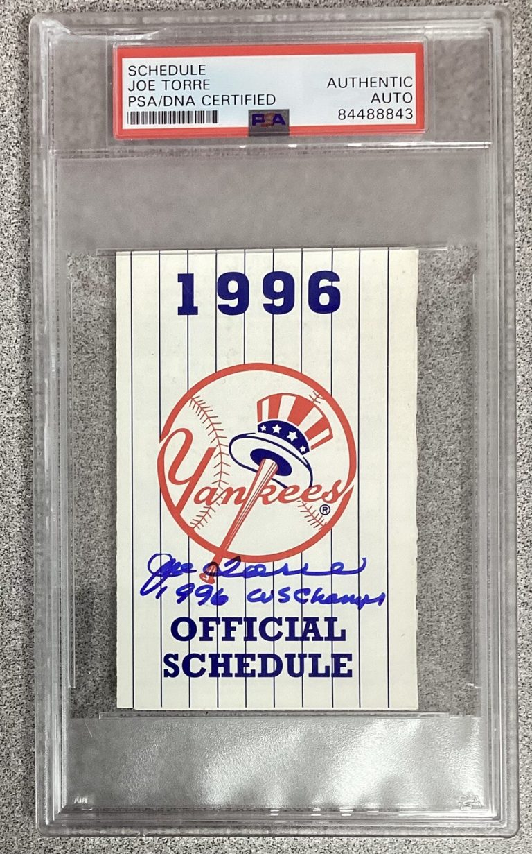 Joe Torre Signed 1996 Yankees Pocket Schedule Inscription Autograph PSA/DNA NICE