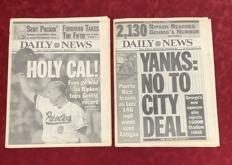 1995 NY Daily News Newspaper Lot Of 2 Cal Ripken Jr Ties & Breaks Lou Gehrig Rec