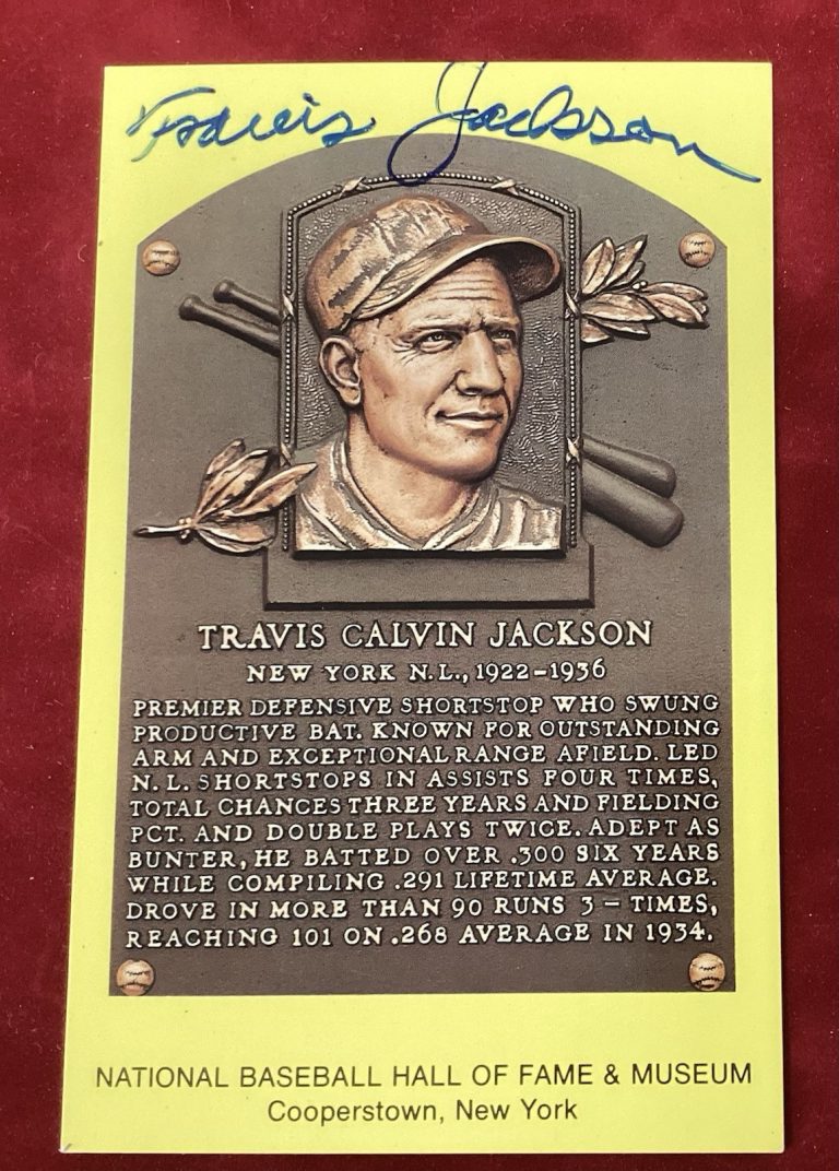 Travis Jackson Signed Gold HOF Plaque Postcard Yellow NY Giants Autograph JSA