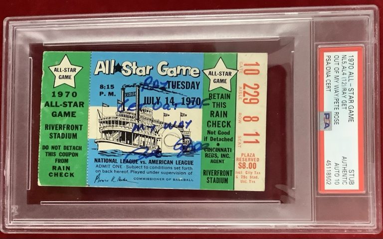 Pete Rose Signed Ticket Stub 1970 ASG Ray Fosse Inscription PSA/DNA AUTO 10