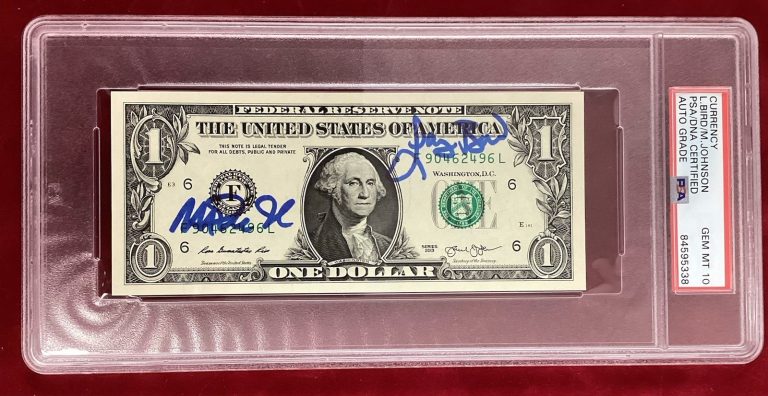 Larry Bird Signed Currency Magic Johnson Auto Celtics Lakers HOF PSA/DNA Gem 10