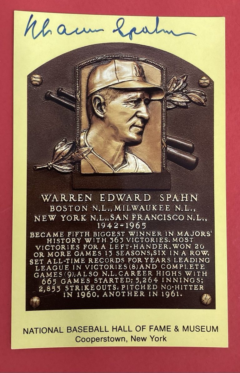Warren Spahn Signed Gold HOF Plaque Postcard Yellow Braves Autograph JSA