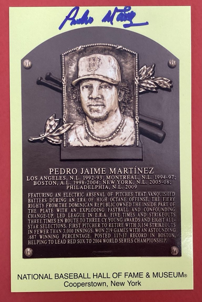 Pedro Martinez Signed Gold HOF Plaque Postcard Yellow Boston Sox Autograph JSA