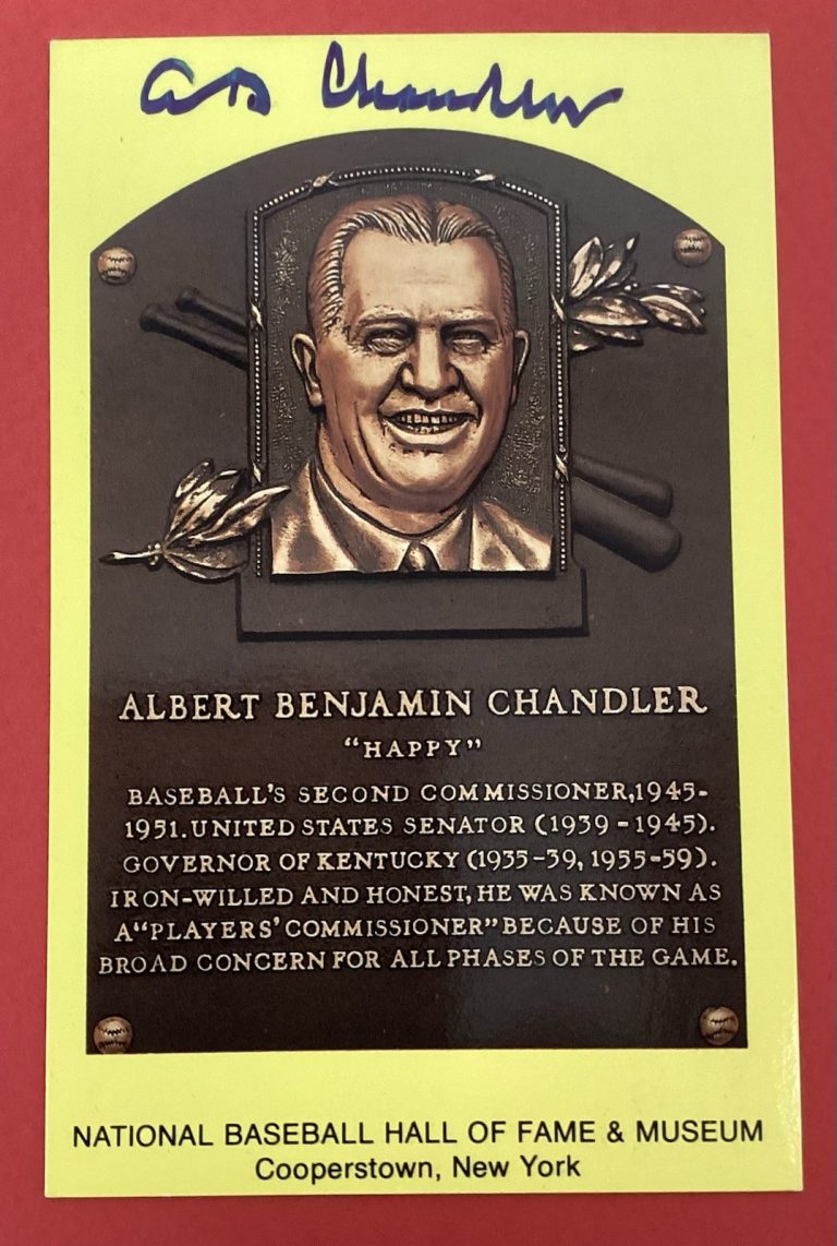 Al Chandler Signed Gold HOF Plaque Postcard Yellow JSA Blue Autograph Happy JSA