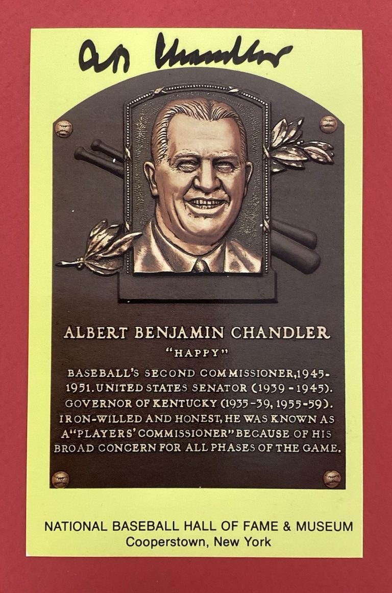 Al Chandler Signed Gold HOF Plaque Postcard Yellow JSA Black Autograph Happy JSA