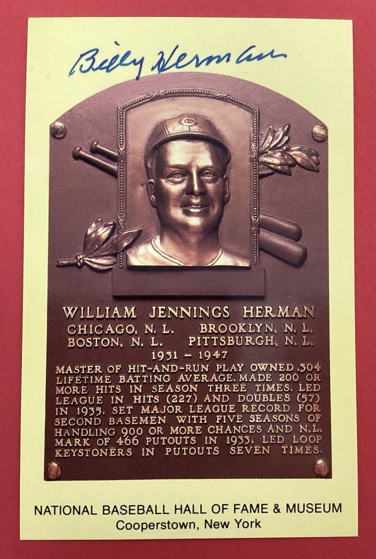 Billy Herman Signed Gold HOF Plaque Postcard Yellow Baseball JSA Autograph
