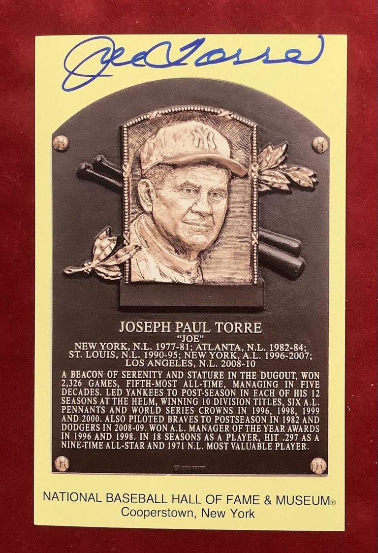 Joe Torre Signed Gold HOF Plaque Postcard Yellow Autograph NY Yankees Mgr TPG