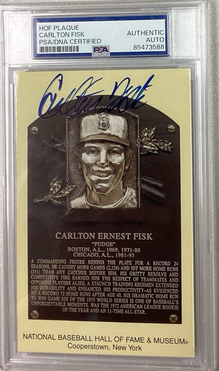 Carlton Fisk Signed Gold HOF Plaque Postcard Redsox Yellow Autograph PSA/DNA