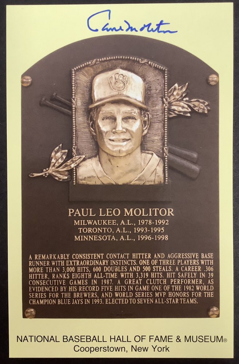Paul Molitor Signed Gold HOF Plaque Postcard Yellow Baseball Brewers JSA