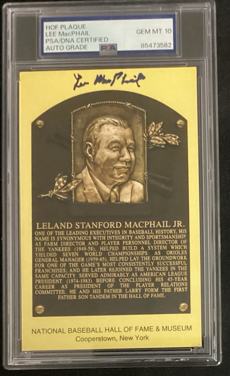 Lee MacPhail Signed Gold HOF Plaque Postcard Yellow Baseball Autograph PSADNA 10