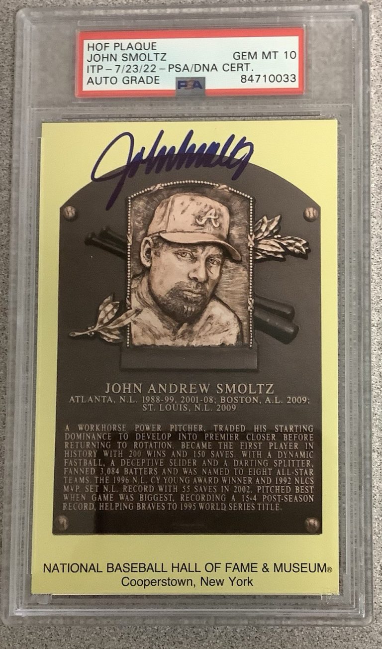 John Smoltz Signed Gold HOF Plaque Postcard Yellow Braves PSA/DNA Auto Gem 10
