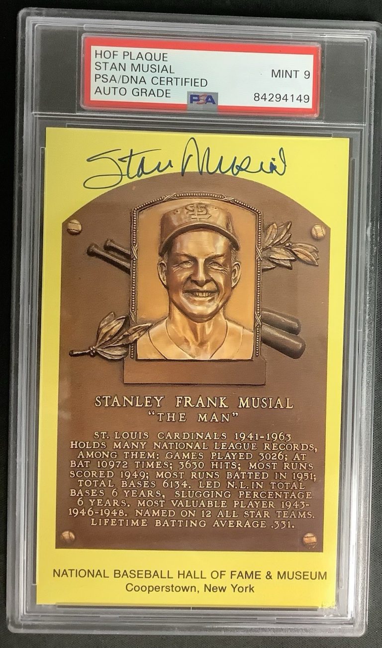 Stan Musial Signed Gold HOF Plaque Postcard Yellow Cardinals PSA/DNA Auto MT 9