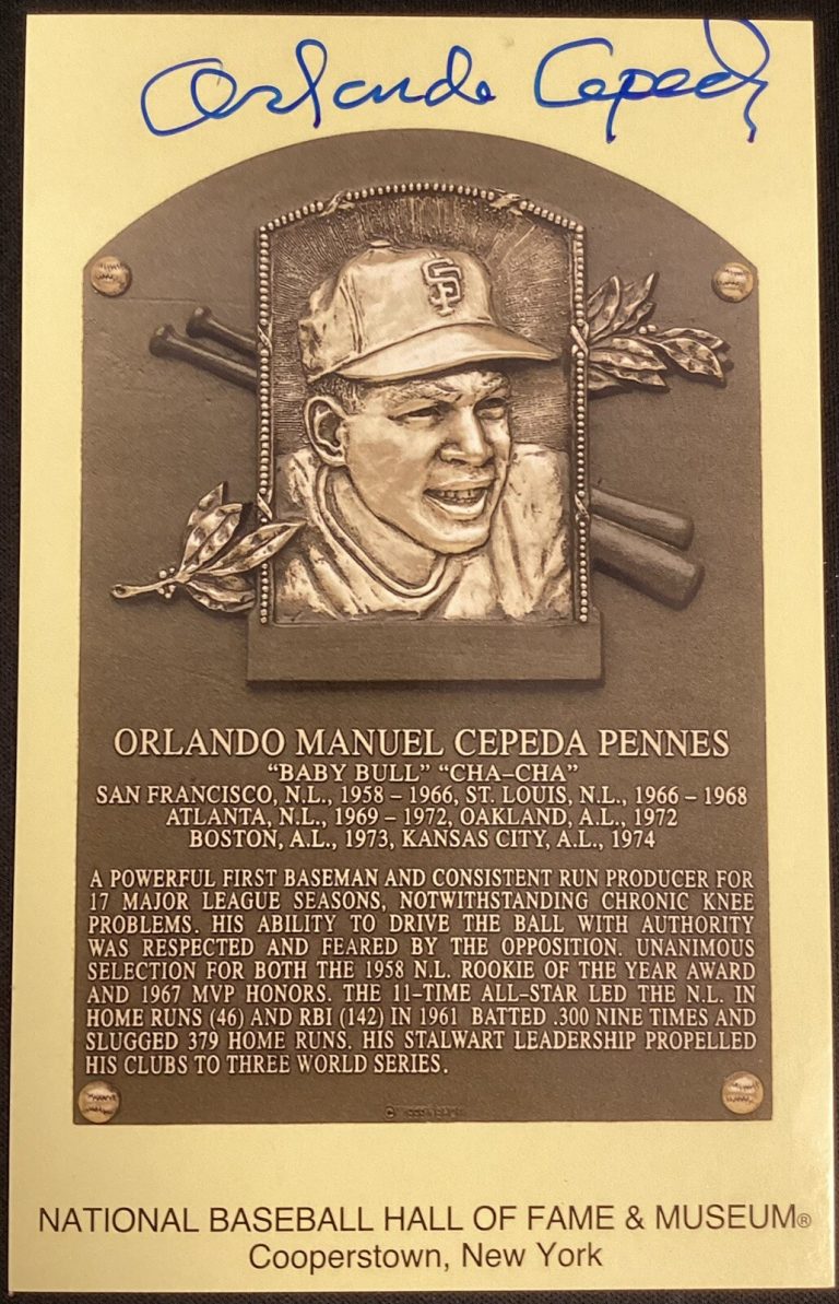Orlando Cepeda Signed Gold HOF Plaque Postcard Yellow Autograph Giants JSA