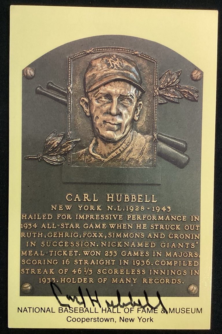 Carl Hubbell Signed Gold HOF Plaque Postcard Yellow NY Giants HOF Autograph JSA