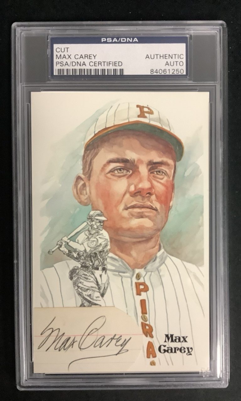 Max Carey Signed Perez Steele Postcard Cut Index Pirates HOF Autograph PSA/DNA