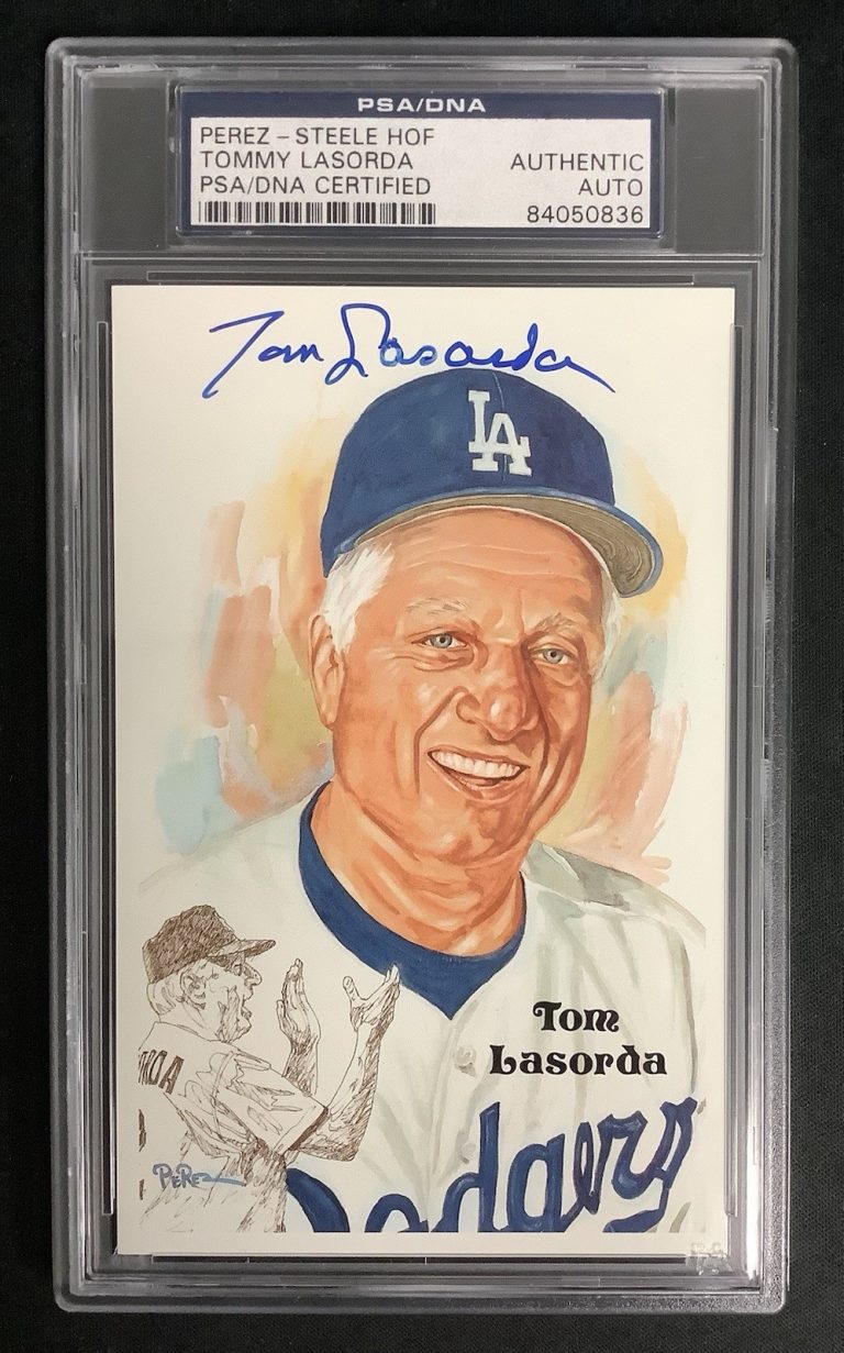 Tom Lasorda Signed Perez Steele Postcard Baseball HOF Dodgers Autograph PSA/DNA