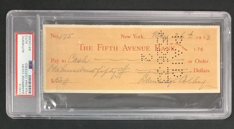 Bainbridge Colby Signed Check Secretary of State Politics 1933 Autograph PSA/DNA