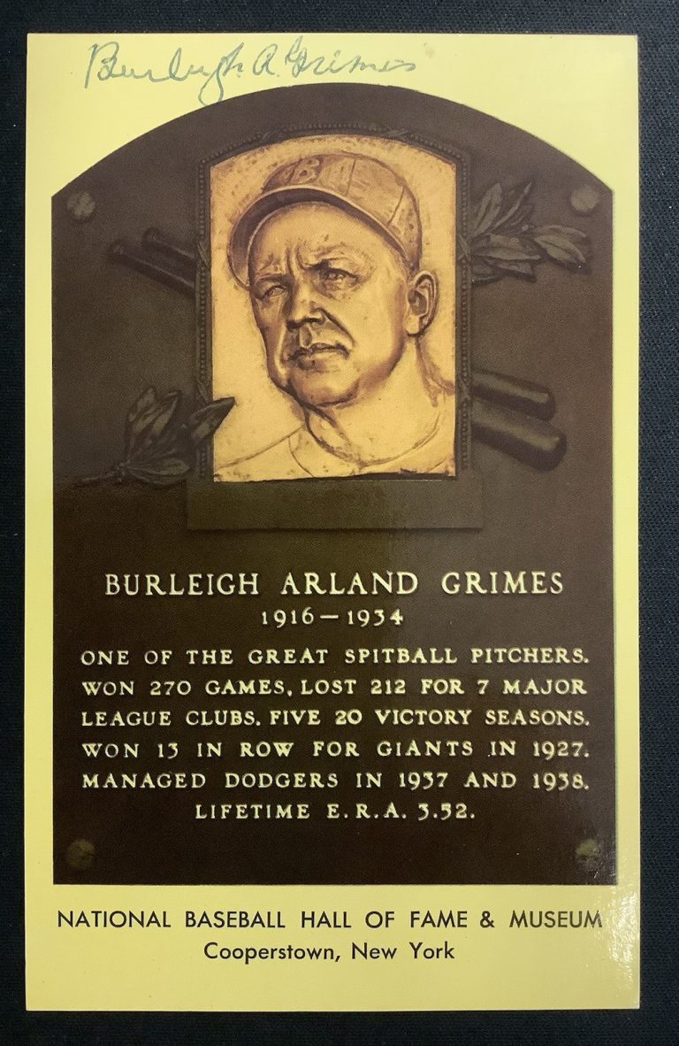Burleigh Grimes Signed Gold Plaque Postcard Yellow Pirates HOF Autograph JSA