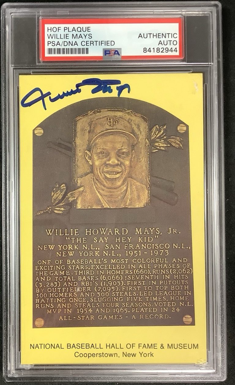 Willie Mays Signed Gold HOF Plaque Postcard Yellow Baseball Autograph PSA/DNA