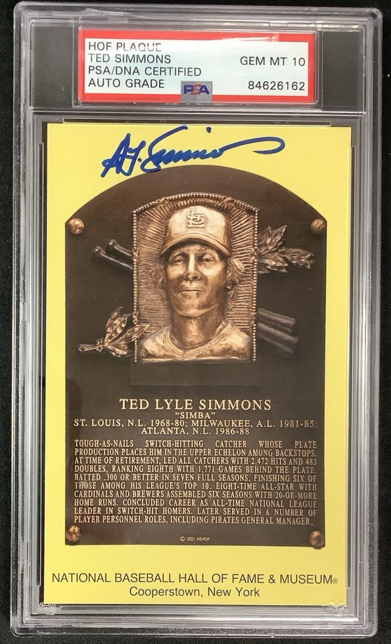 Ted Simmons Signed Gold HOF Plaque Postcard Yellow PSA/DNA Auto Gem 10 TB