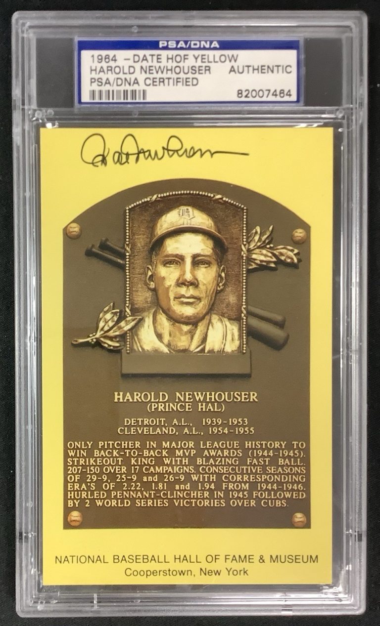 Hal Newhouser Signed Gold HOF Plaque Postcard Yellow Tigers Autograph PSA/DNA