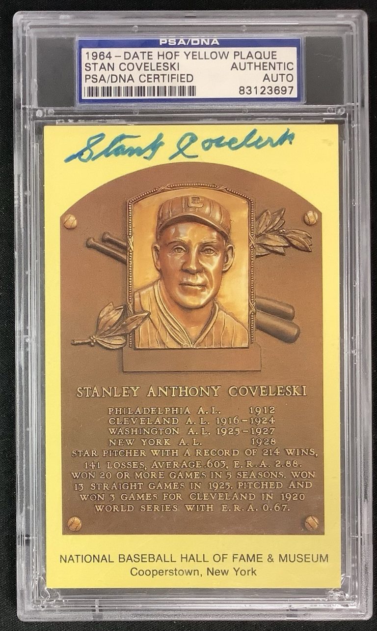Stan Coveleski Signed Gold Plaque HOF Postcard Yellow Yankees Autograph PSA/DNA