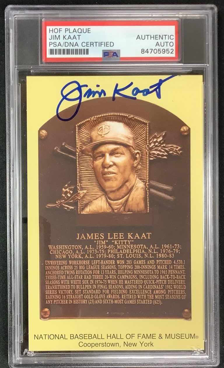 Jim Kaat Signed Gold HOF Plaque Postcard Yellow Twins NYY Autograph PSA/DNA