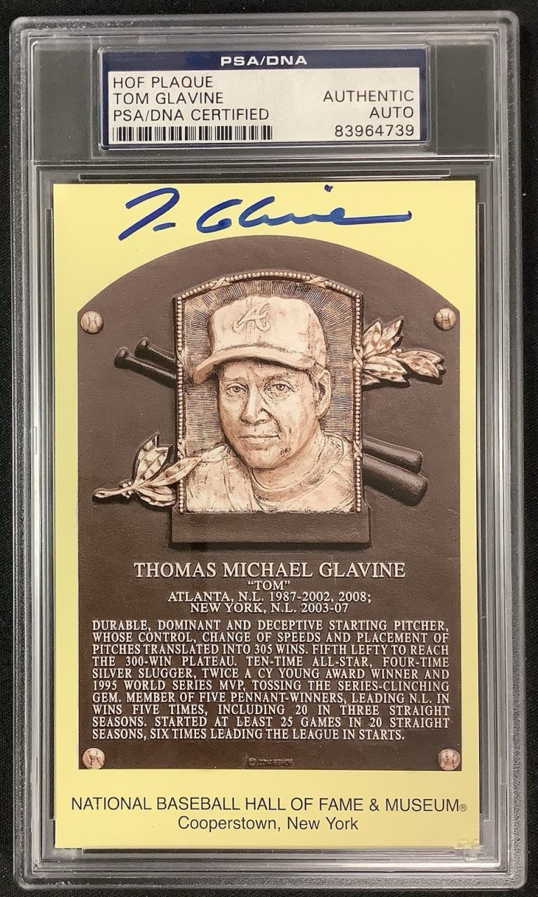 Tom Glavine Signed Gold Plaque HOF Postcard Yellow Braves Autograph PSA/DNA